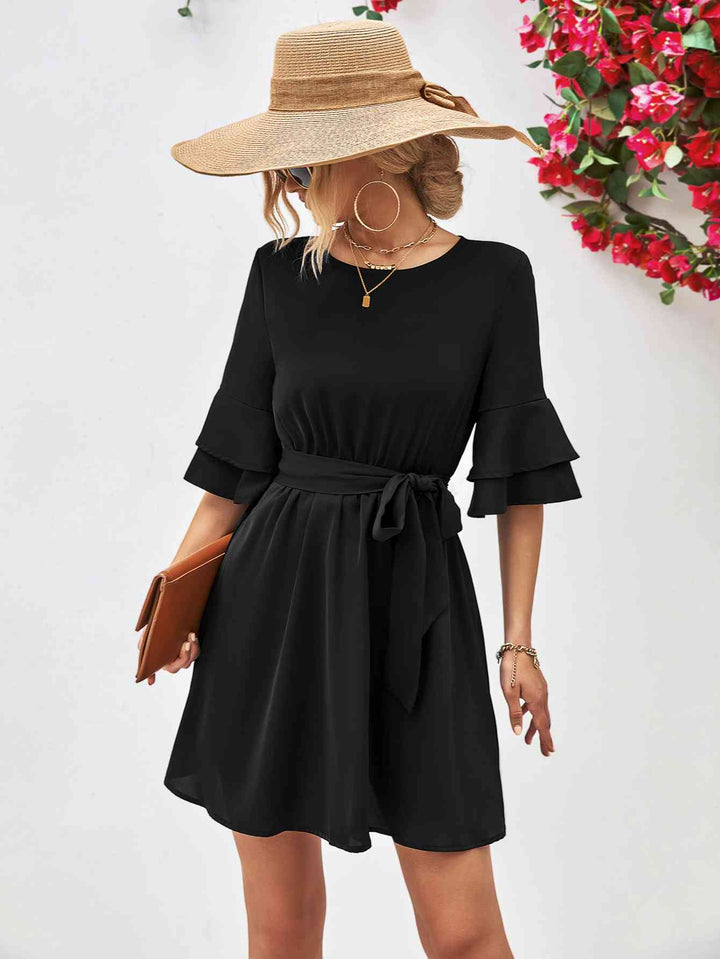 EJC Round Neck Tie Belt Flounce Sleeve Dress