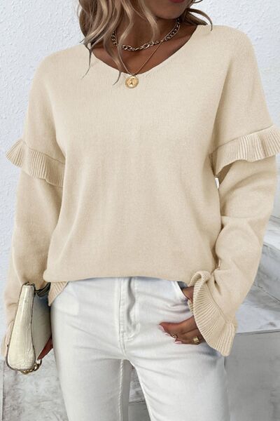 EJC V-Neck Ruffle Trim Long Sleeve Sweater