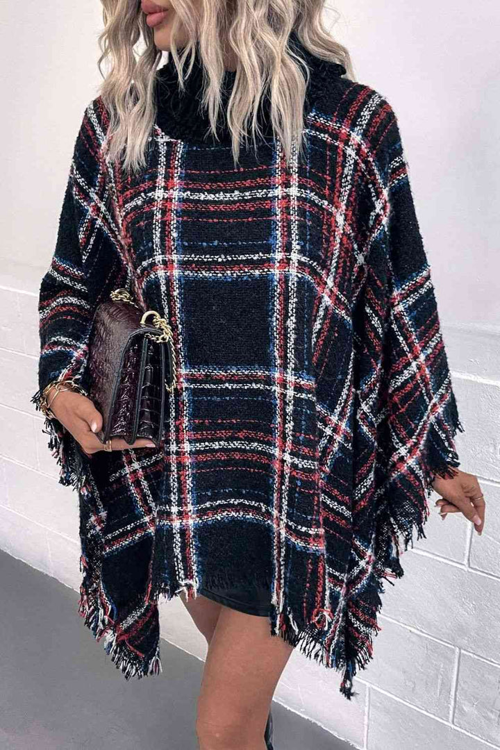 EJC Plaid Turtleneck Fringe Hem Poncho