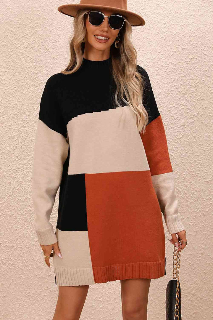 EJC Color Block Mock Neck Dropped Shoulder Sweater Dress