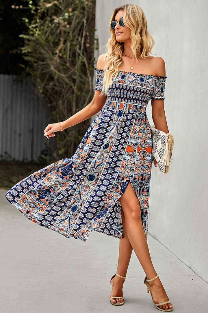 EJC Bohemian Hippie Off-Shoulder Sexy  Side Slit Dress