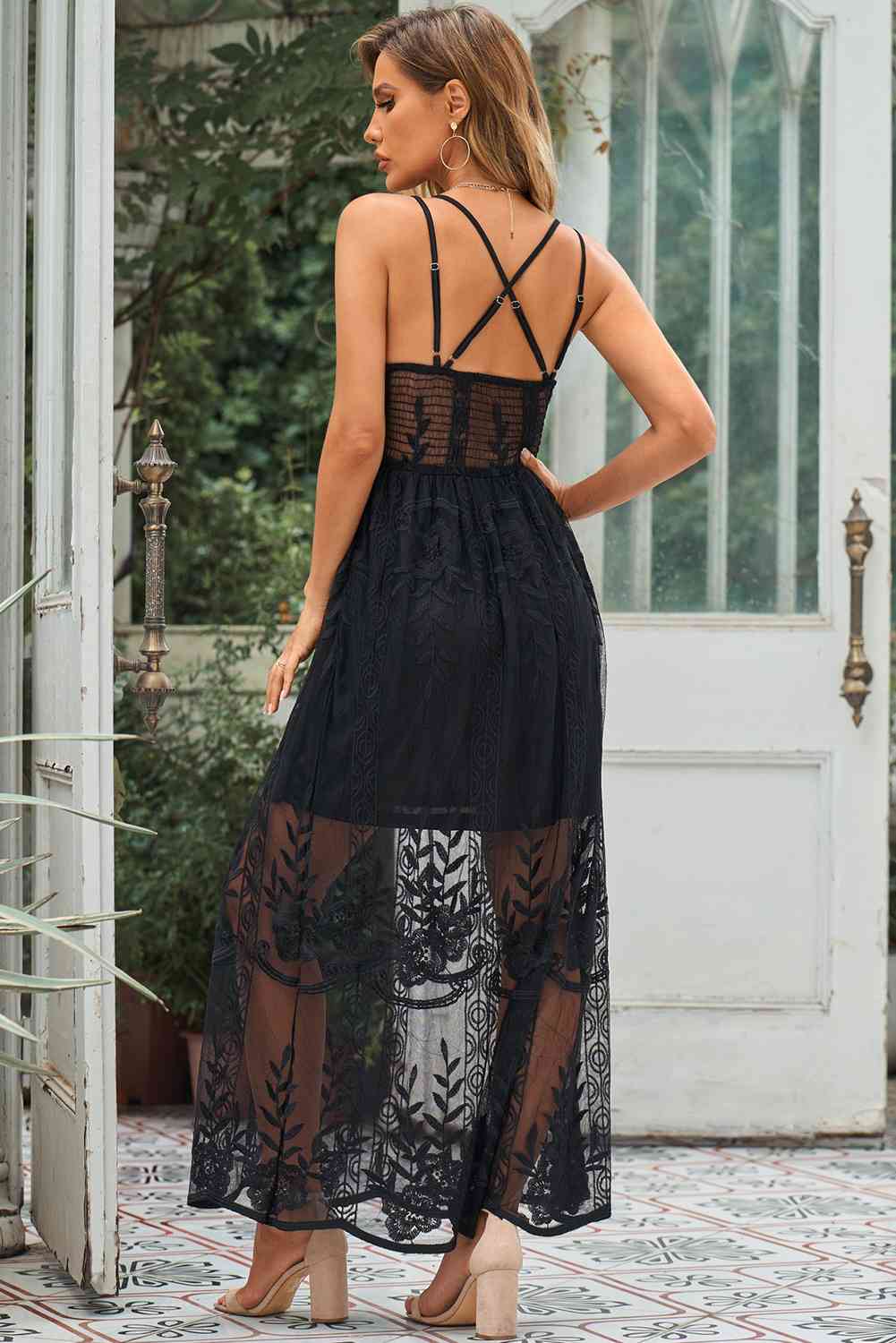 EJC Lace Crisscross Back Sleeveless Maxi Dress