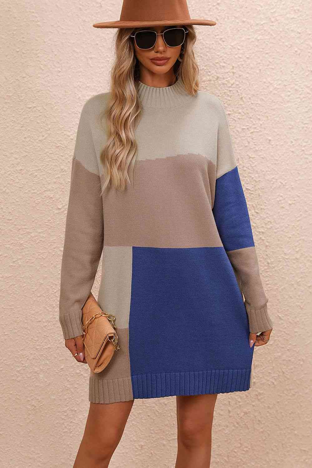 EJC Color Block Mock Neck Dropped Shoulder Sweater Dress