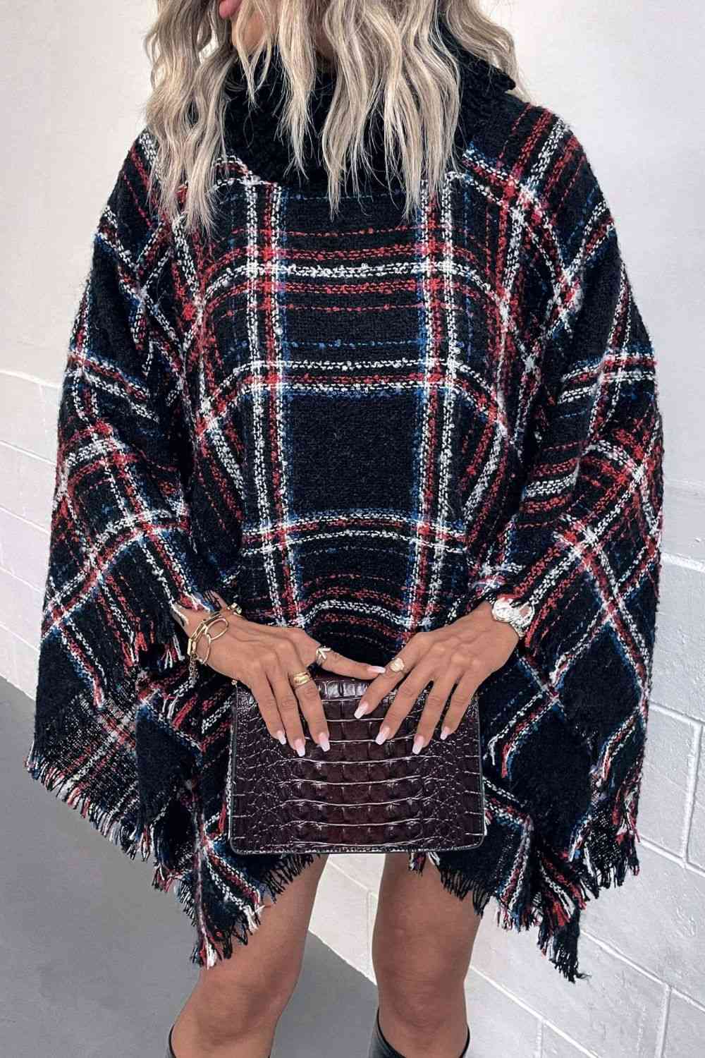 EJC Plaid Turtleneck Fringe Hem Poncho