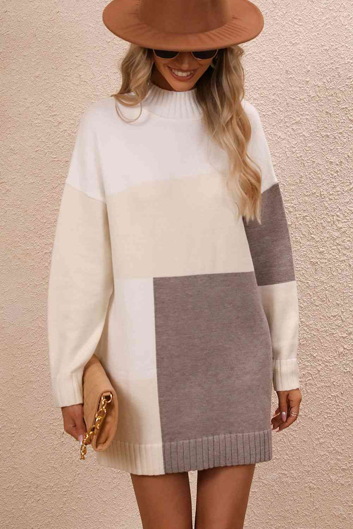 EJC Color Block Mock Neck Dropped Shoulder Sweater Dress