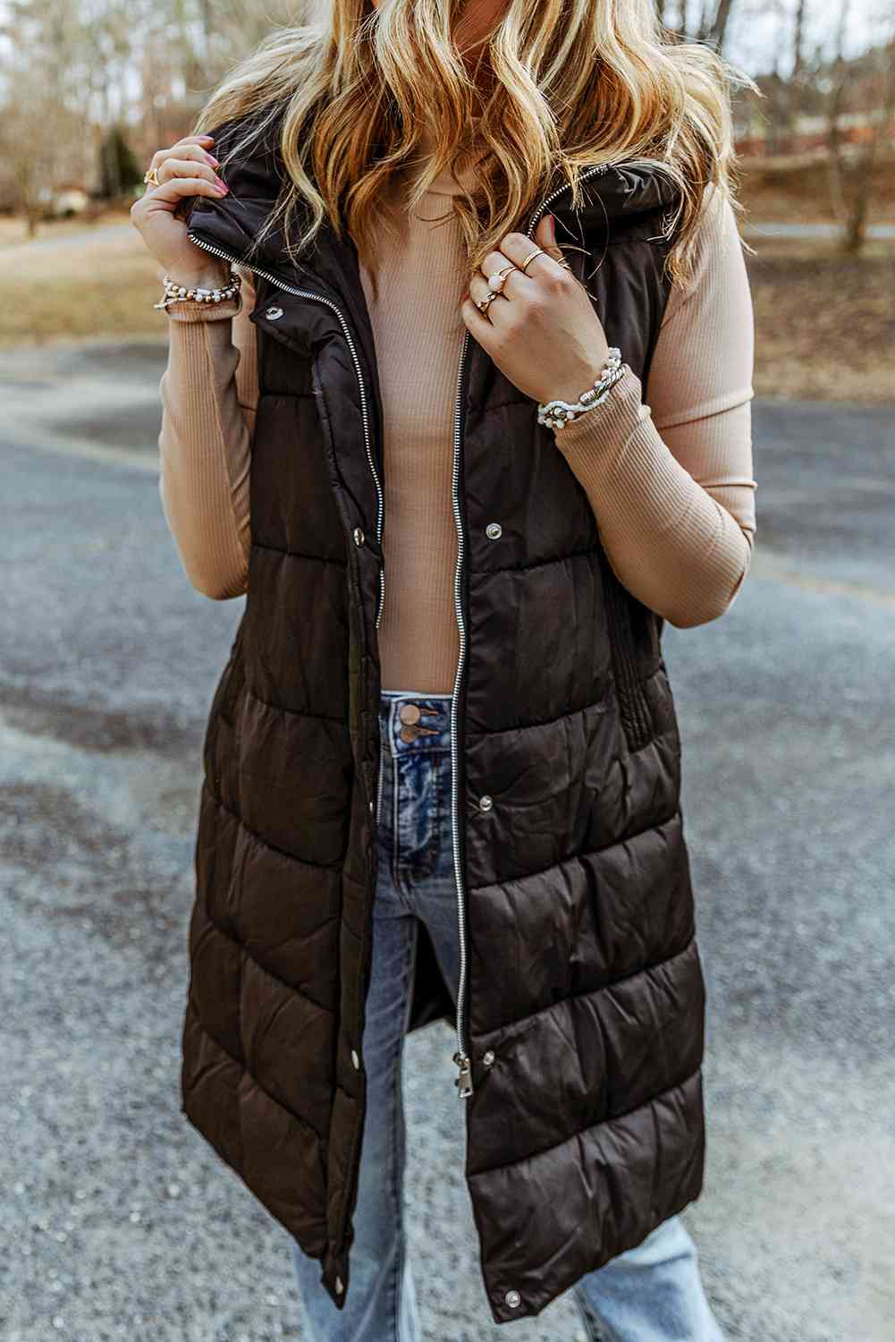 EJC Longline Hooded Sleeveless Puffer Vest