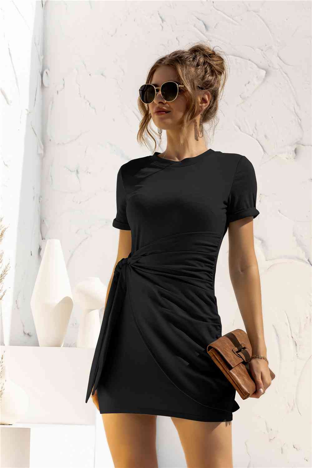 EJC Round Neck Cuffed Sleeve Side Tie Dress