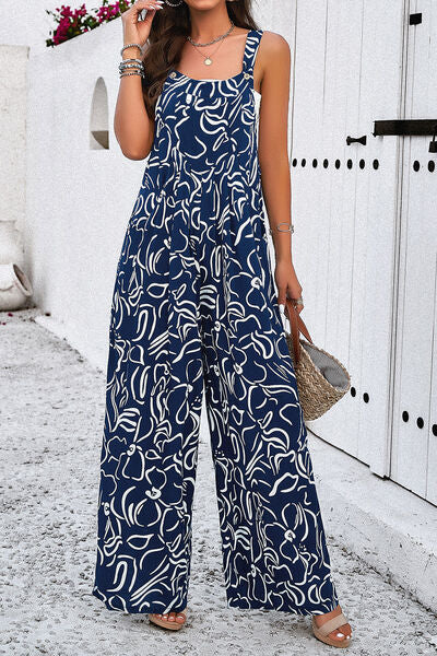 EJC Printed Wide Strap Jumpsuit with Pockets