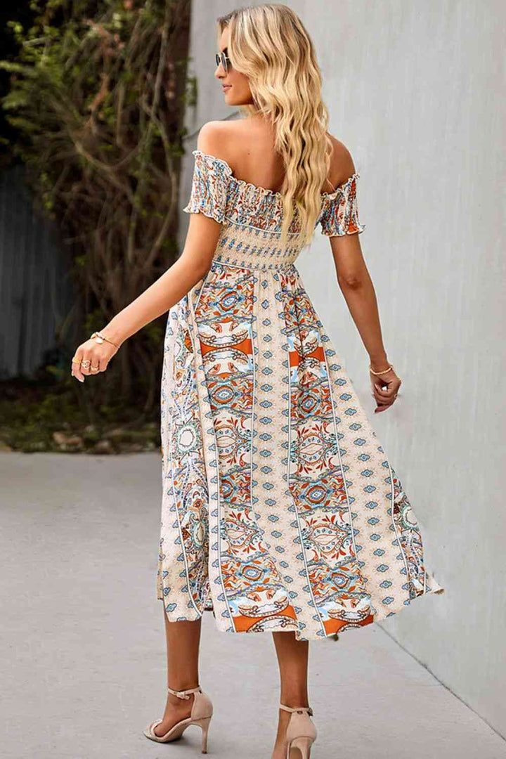 EJC Bohemian Hippie Off-Shoulder Sexy  Side Slit Dress