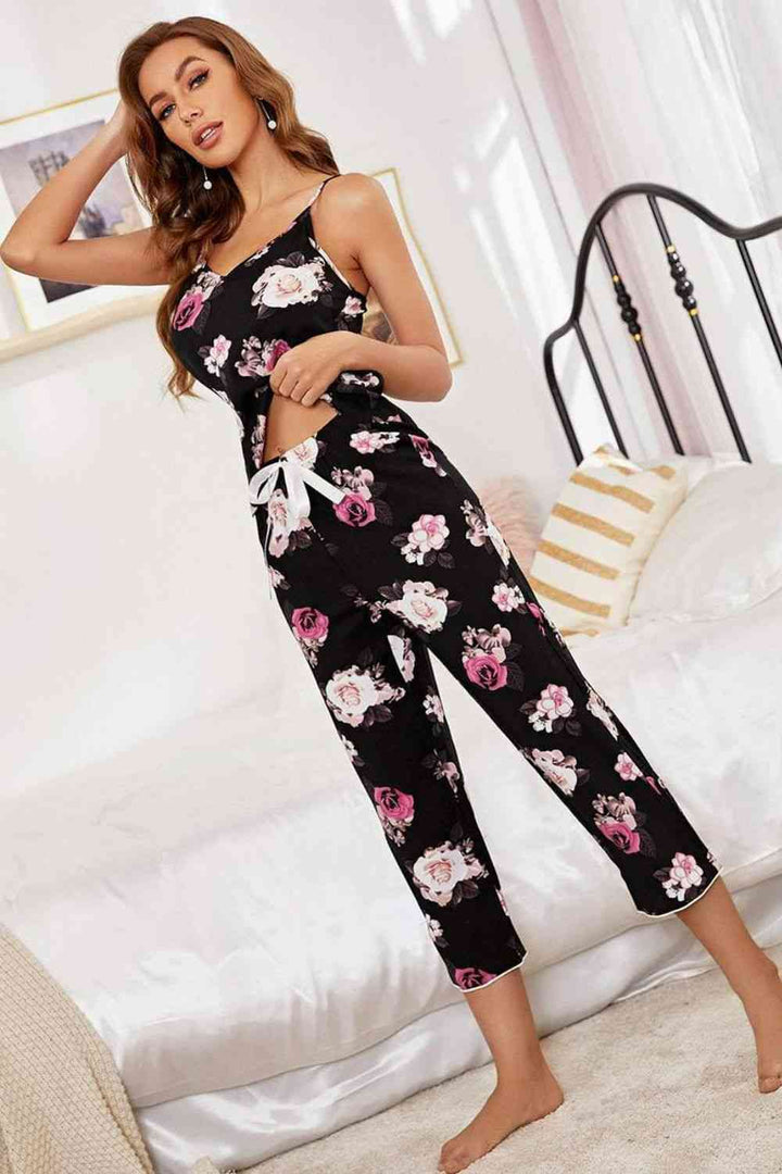 EJC Floral V-Neck Cami and Cropped Pants Lounge Set