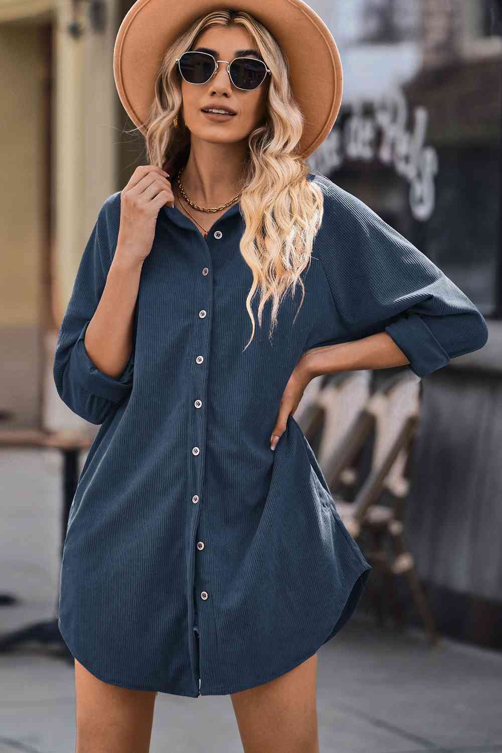 EJC Button Front Curved Hem Raglan Sleeve Shirt Dress