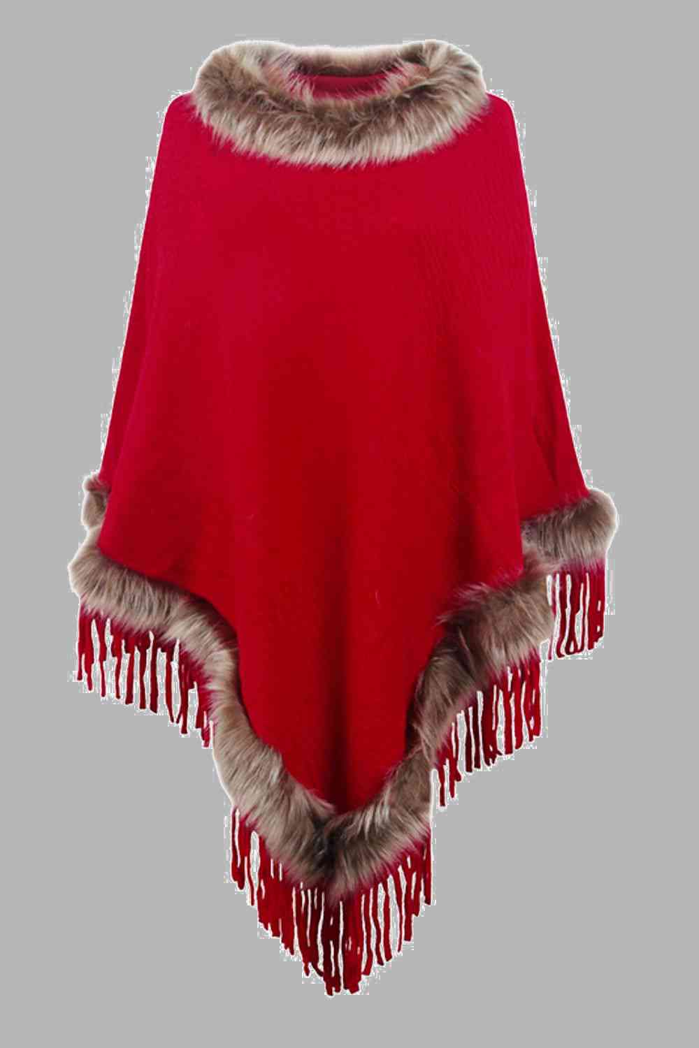 EJC Faux Fur Trim Fringed Poncho