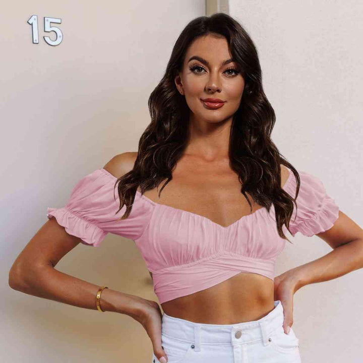 EJC Off-Shoulder Flounce Sleeve Tie Back Top