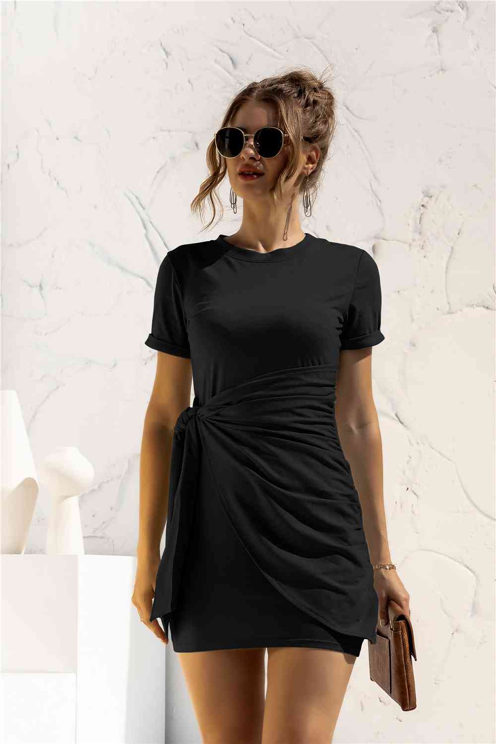 EJC Round Neck Cuffed Sleeve Side Tie Dress