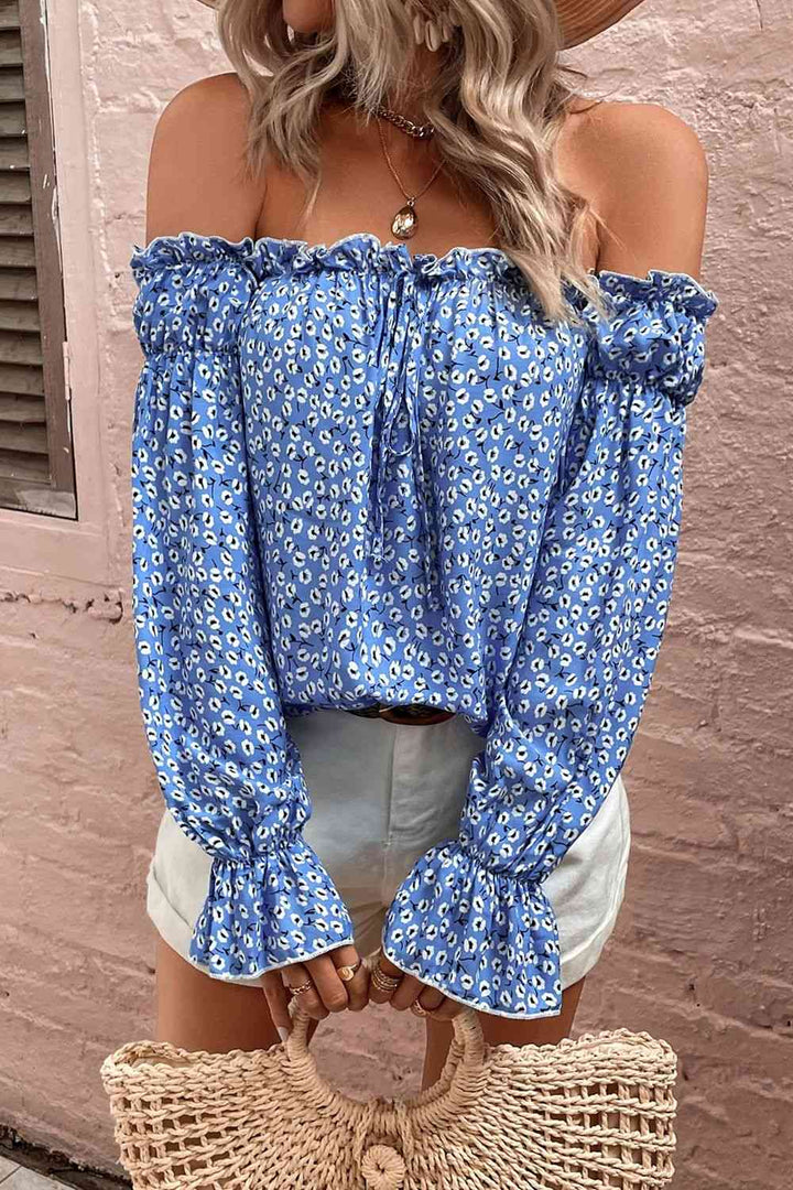 EJC Off Shoulder Printed Frill Trim Blouse