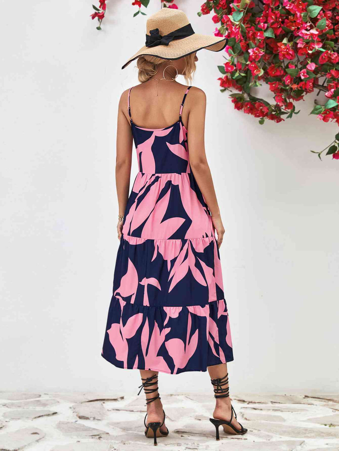 EJC Printed Spaghetti Strap Tiered Midi Dress