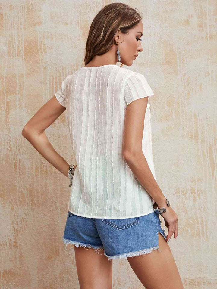 EJC Tie Neck Ruffled Short Sleeve Blouse