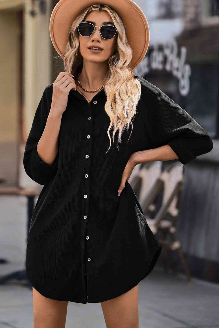 EJC Button Front Curved Hem Raglan Sleeve Shirt Dress