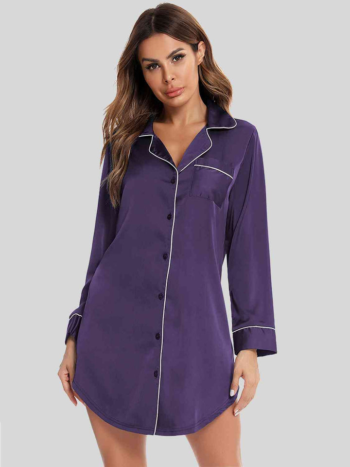 EJC Button Up Lapel Collar Nightgown Sleepshirt