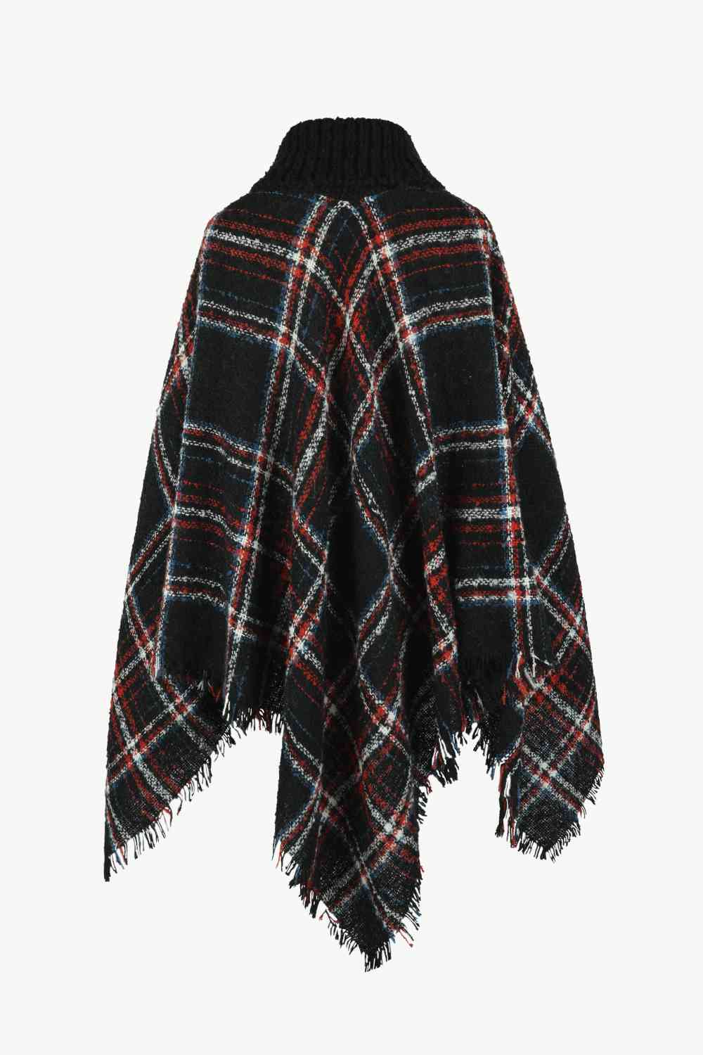 EJC Plaid Turtleneck Fringe Hem Poncho