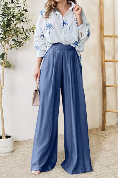 EJC Pocketed Dropped Shoulder Shirt and Wide Leg Pants Set