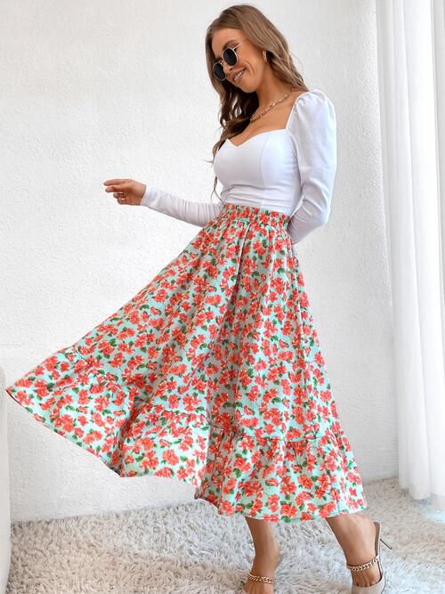 EJC Printed Ruffle Hem Midi Skirt