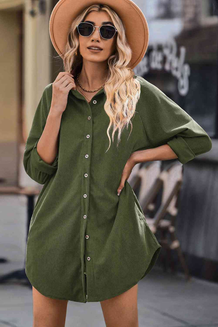 EJC Button Front Curved Hem Raglan Sleeve Shirt Dress