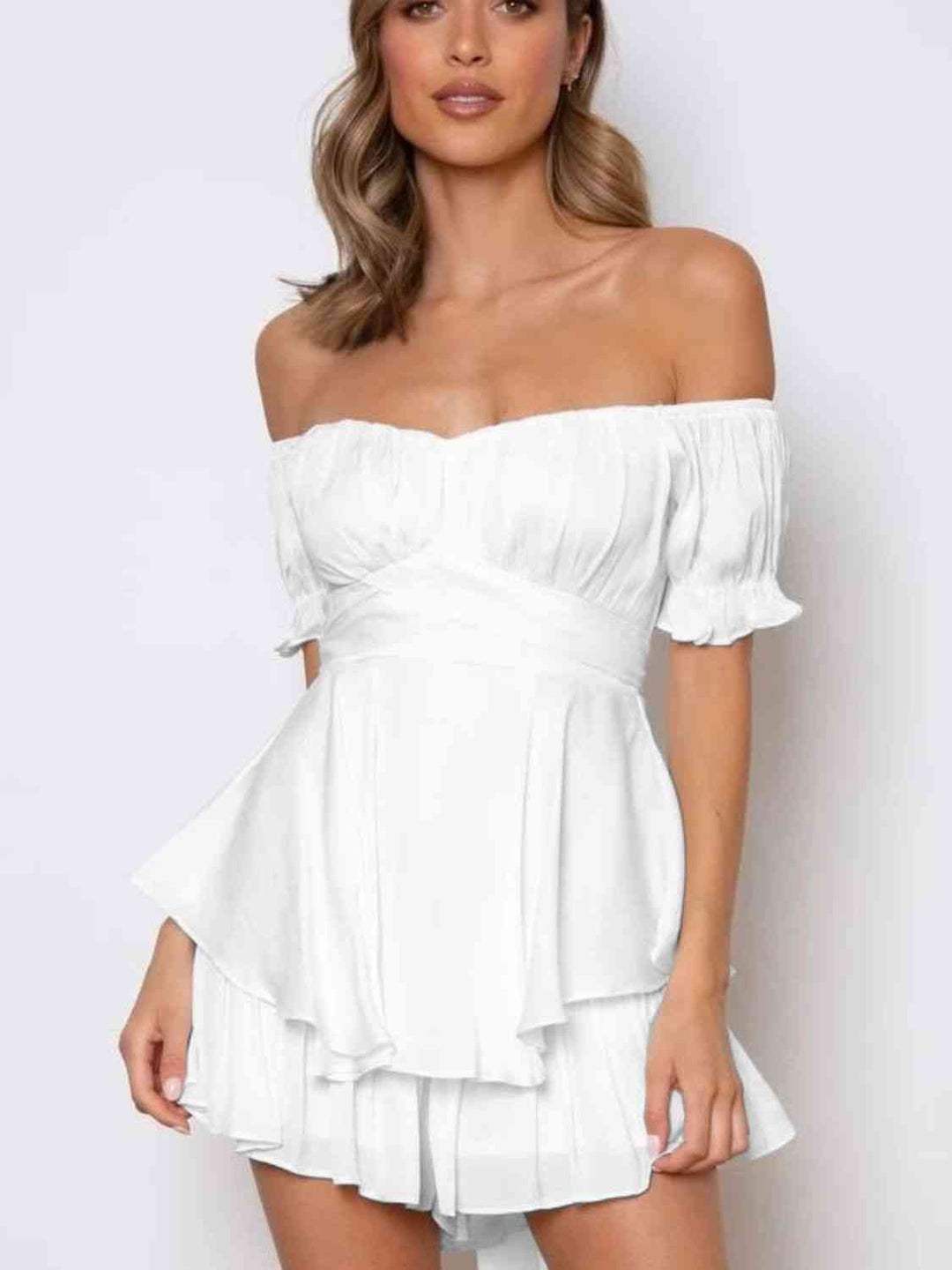 EJC Off Shoulder Flounce Sleeve Romper