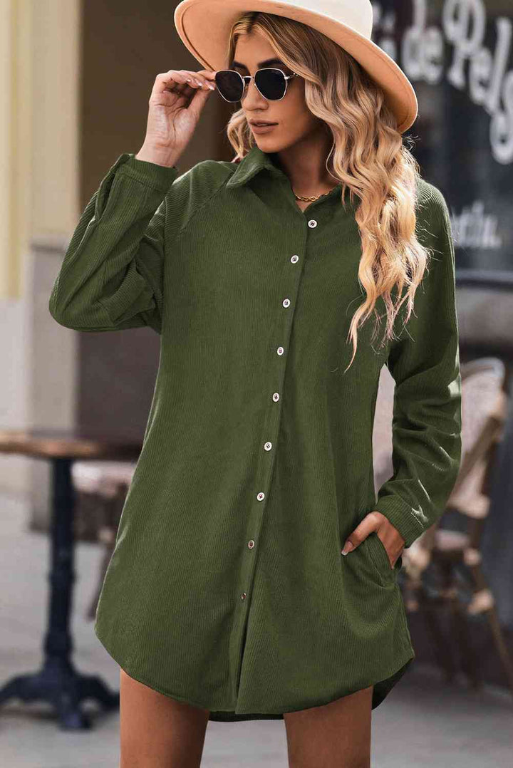 EJC Button Front Curved Hem Raglan Sleeve Shirt Dress