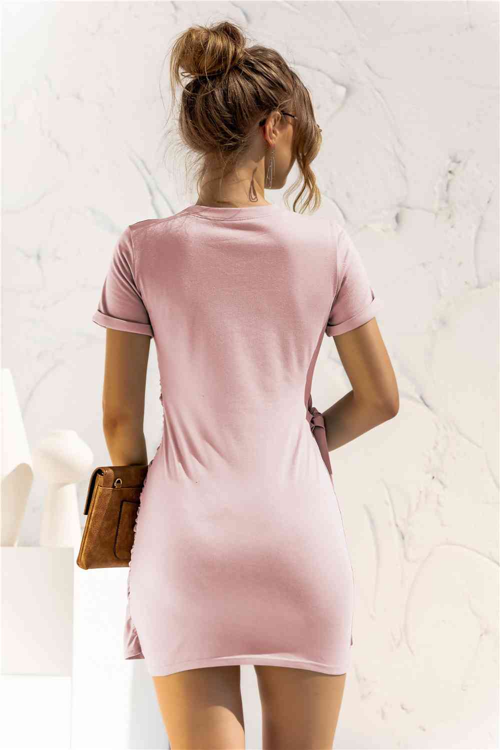 EJC Round Neck Cuffed Sleeve Side Tie Dress