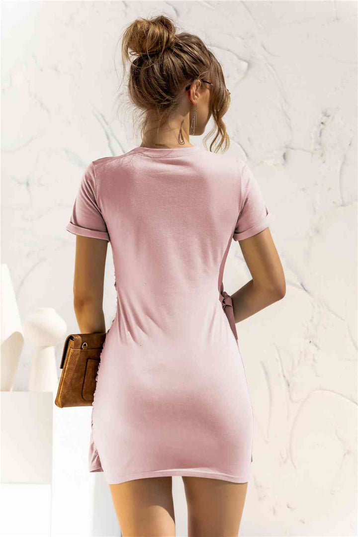 EJC Round Neck Cuffed Sleeve Side Tie Dress