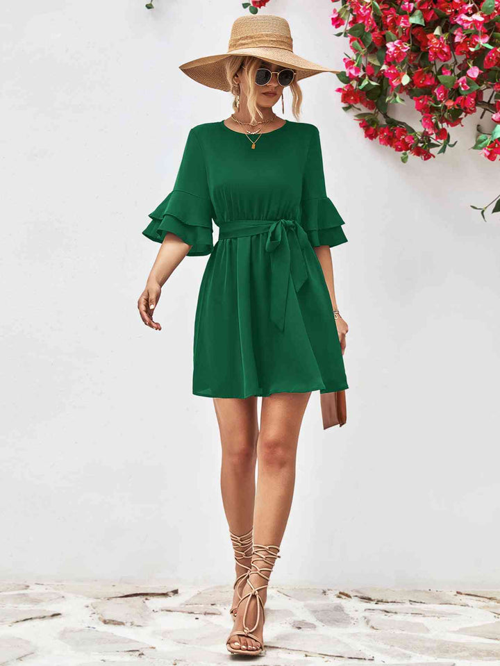 EJC Round Neck Tie Belt Flounce Sleeve Dress