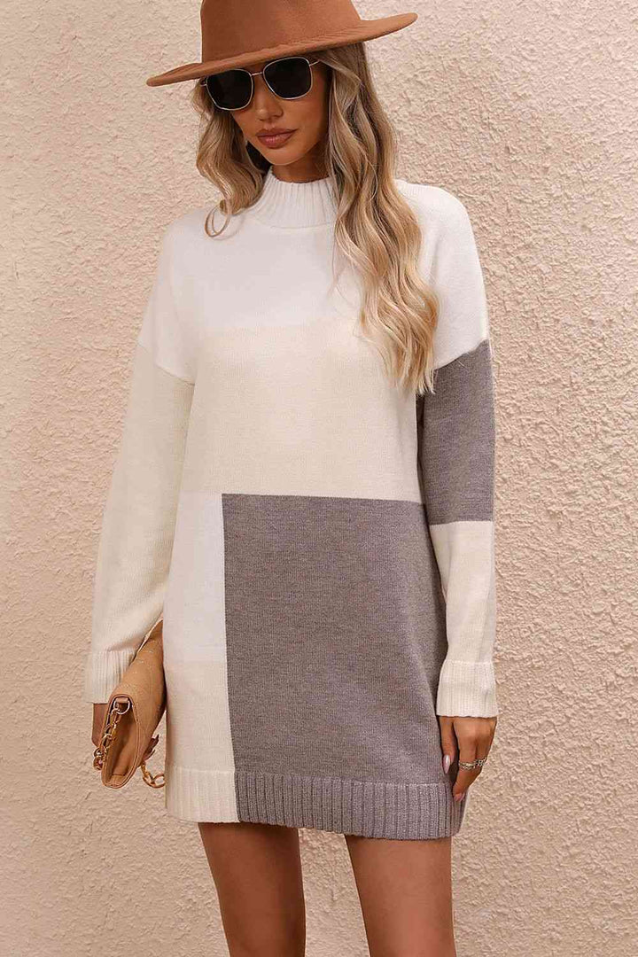 EJC Color Block Mock Neck Dropped Shoulder Sweater Dress