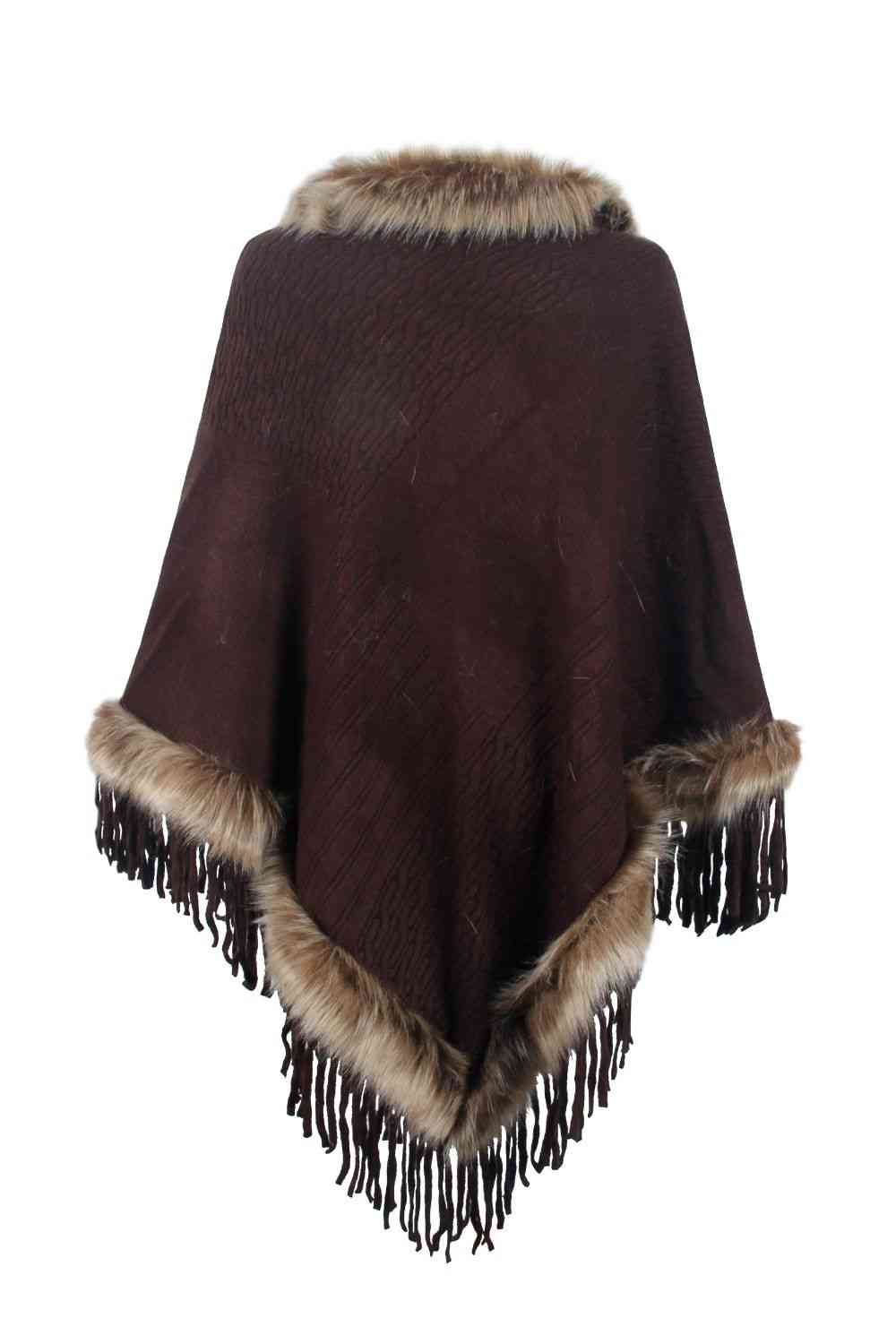 EJC Faux Fur Trim Fringed Poncho